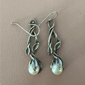 Silver Leaf Pearl Drop Earrings
